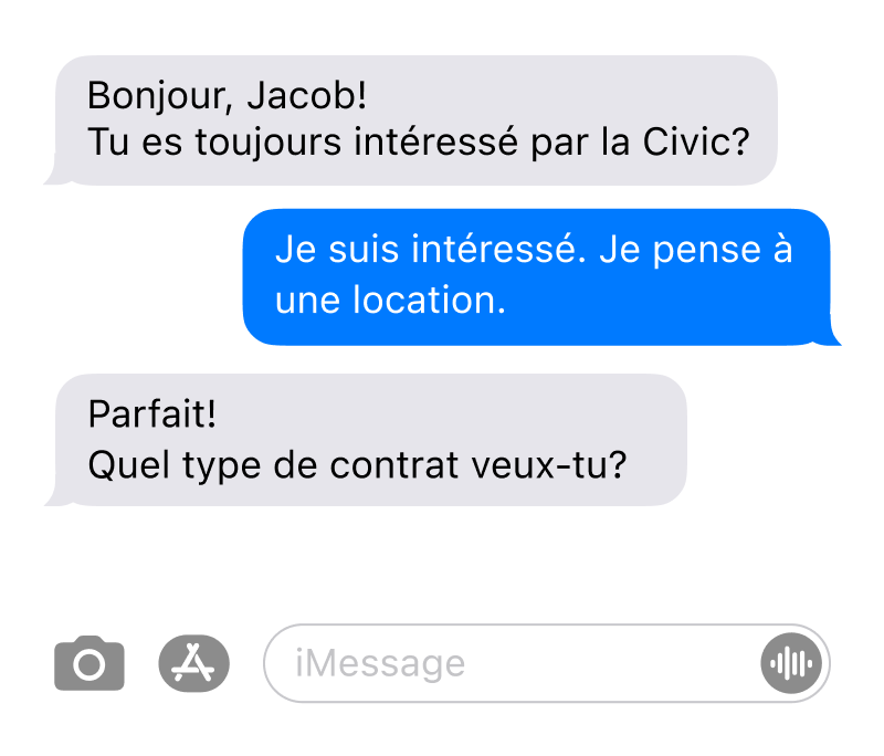  Image affichant un exemple d’une conversation d’Apple Business avec Gubagoo.