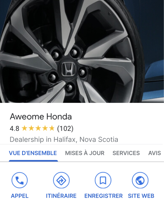  Image affichant un exemple d’une intégration Google Mon entreprise.