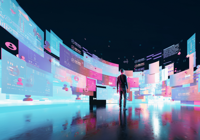 A man viewing curated data, viewing more than just the customer's first-click, but the entire sales journey