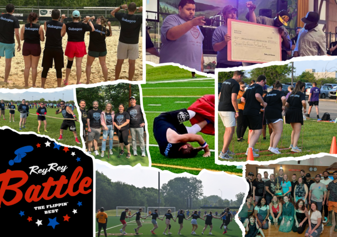 A collage showing off Gubagoo's highlights from Battle of the Businesses 2025, from volleyball to tug of war, obstacle course to sack race, minigolf and finally, a big trophy and an even bigger check award to Special Olympics!