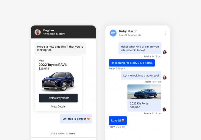 A graphic with two mobile devices displaying two separate chats between a chat specialist and a customer.